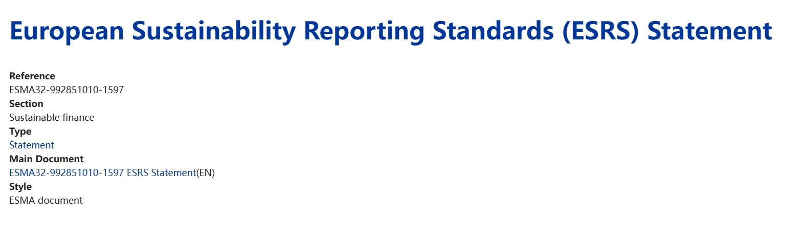 Esma Releases European Sustainability Reporting Standards Statement